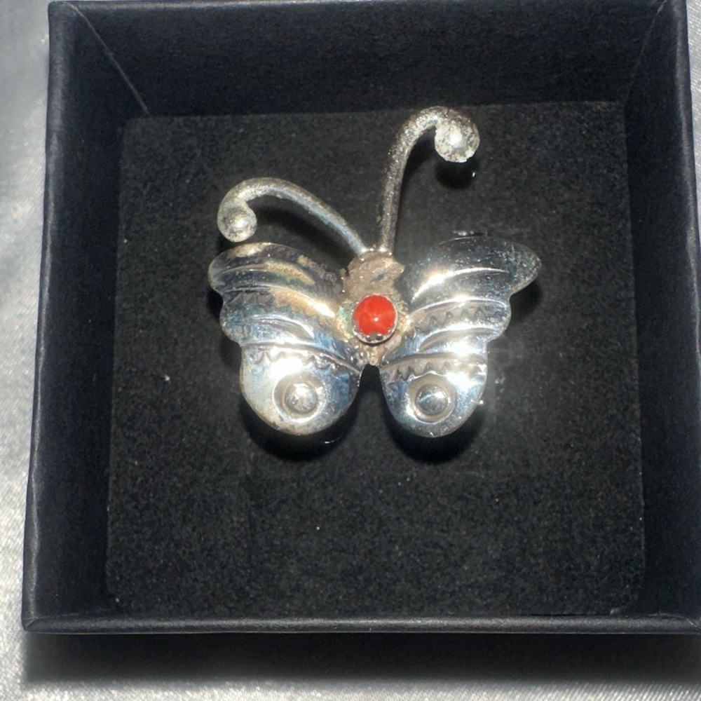 Silver Navajo Butterfly Ring with Orange Spiny Size 8.5 Tulley